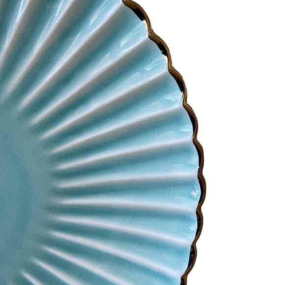 Aqua Ceramic Dinner Plates 11" Turquoise Scalloped Edge Gold Accent Set of 4 New - Picture 6 of 16
